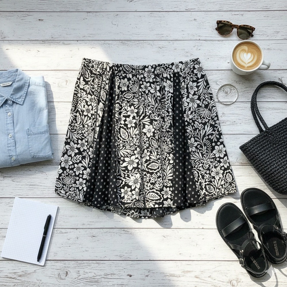 Floral Print Skort Black and White Elastic Waist Flowy‎ Shorts Skirt